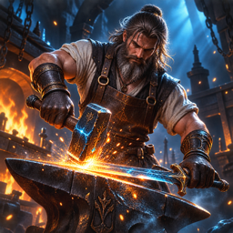 A fantasy artisan working at a glowing forge