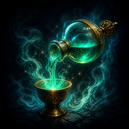 A luminous potion in an alchemist's workshop