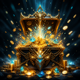 A radiant jackpot prize surrounded by treasure